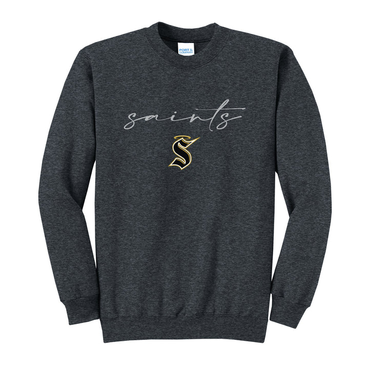Berks Catholic Saints Saints Script crewneck sweatshirt in Dark Heather Grey: saints in thin flowing script over the halo S