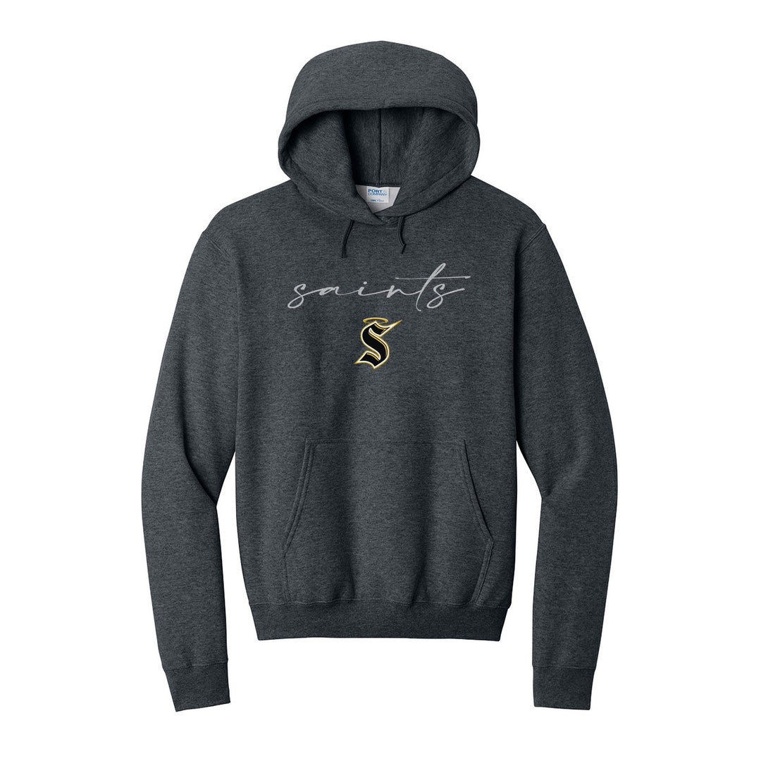 Berks Catholic Saints Saints Script hoodie in Dark Heather Grey: saints in thin flowing script over the halo S