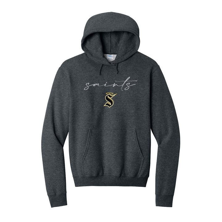 Berks Catholic Saints Saints Script hoodie in Dark Heather Grey: saints in thin flowing script over the halo S