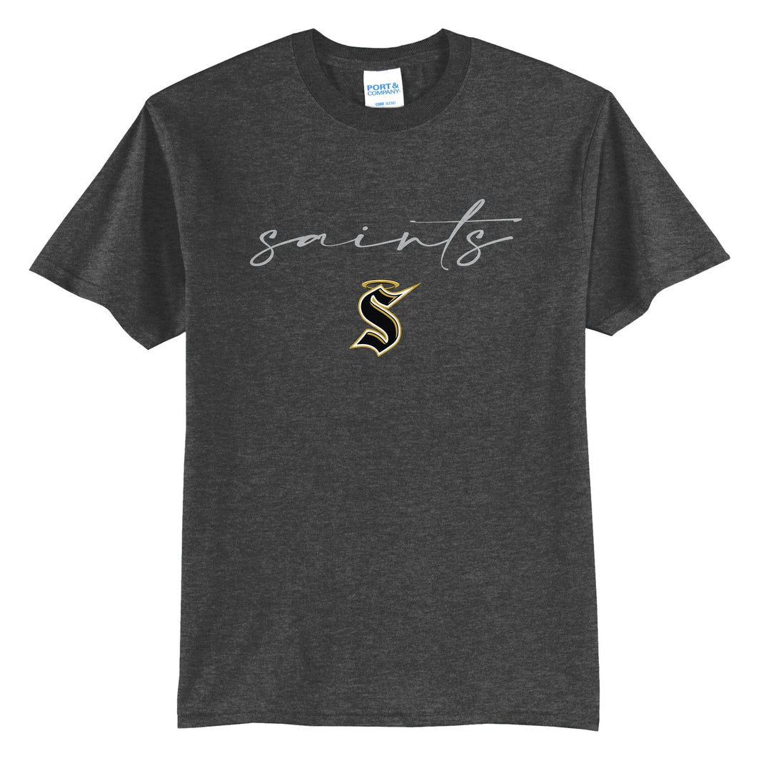 Berks Catholic Saints Saints Script t-shirt in Dark Heather Grey: saints in thin flowing script over the halo S