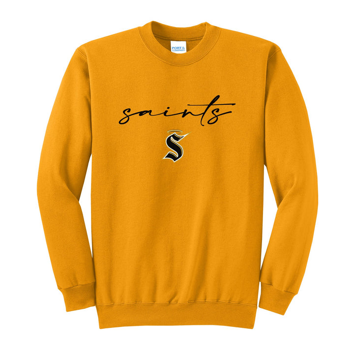 Berks Catholic Saints Saints Script crewneck sweatshirt in Gold: saints in thin flowing script over the halo S