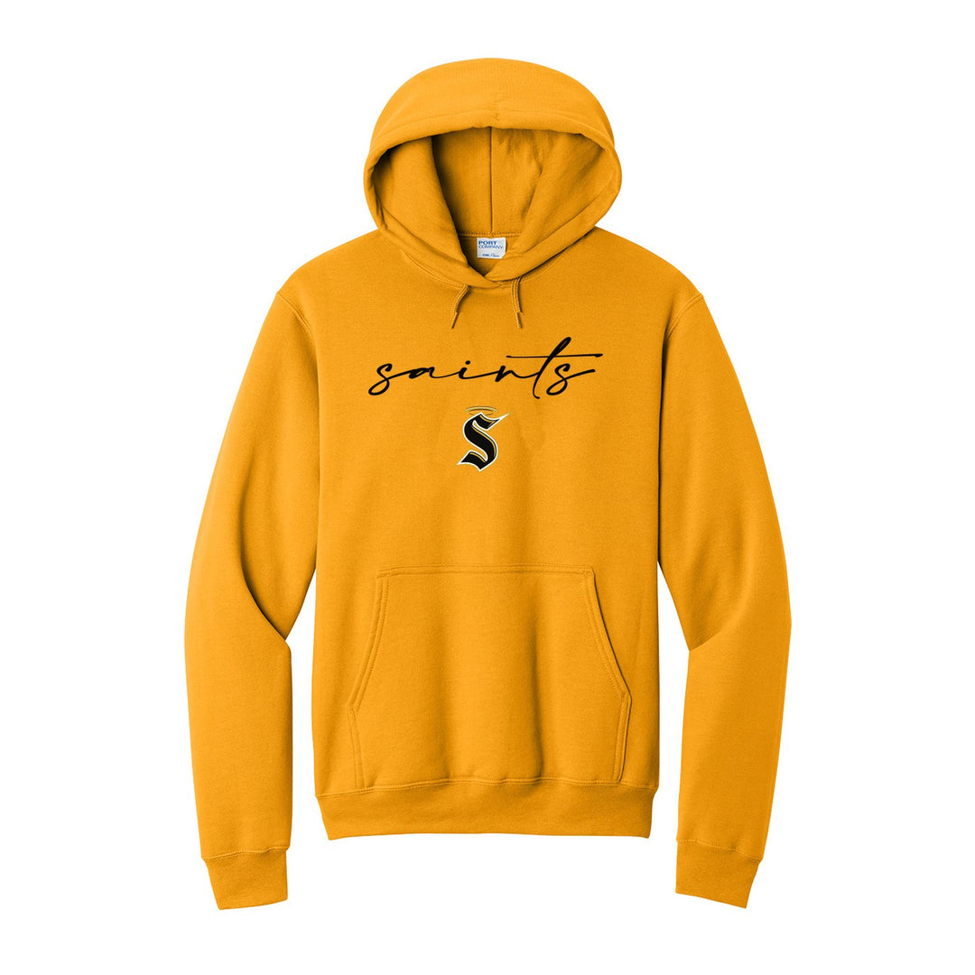Berks Catholic Saints Saints Script hoodie in Gold: saints in thin flowing script over the halo S