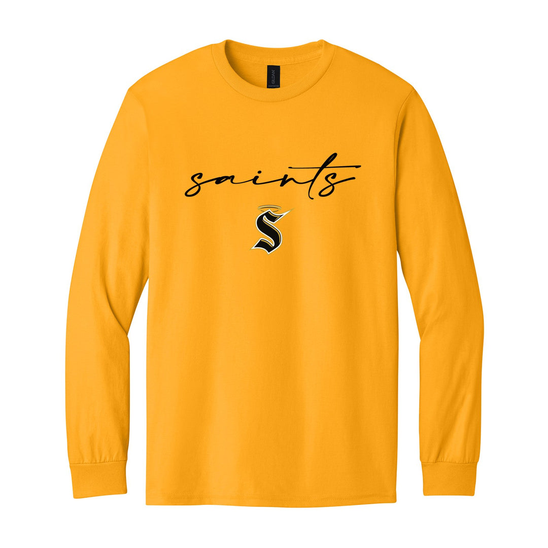 Berks Catholic Saints Saints Script long sleeve t-shirt in Gold: saints in thin flowing script over the halo S
