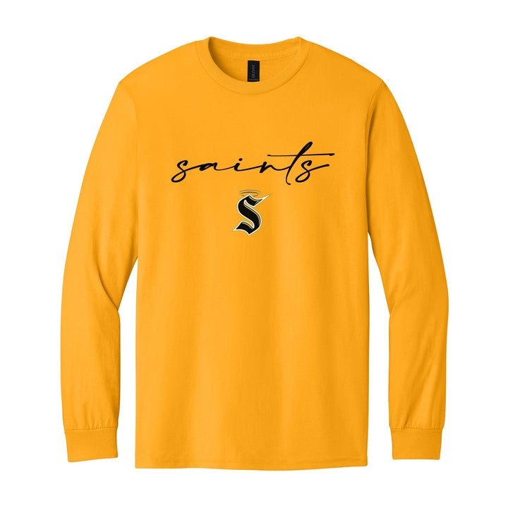 Berks Catholic Saints Saints Script long sleeve t-shirt in Gold: saints in thin flowing script over the halo S