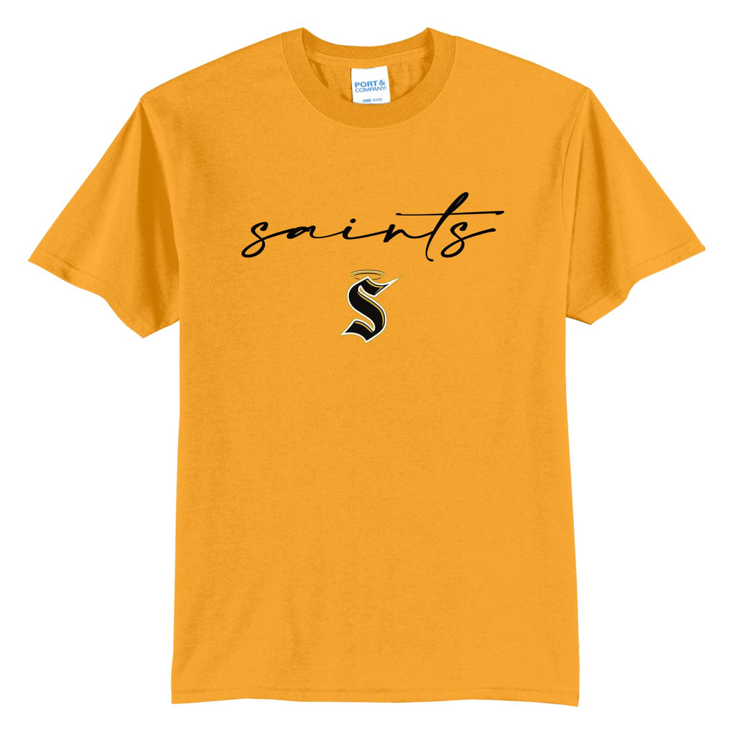 Berks Catholic Saints Saints Script t-shirt in Gold: saints in thin flowing script over the halo S