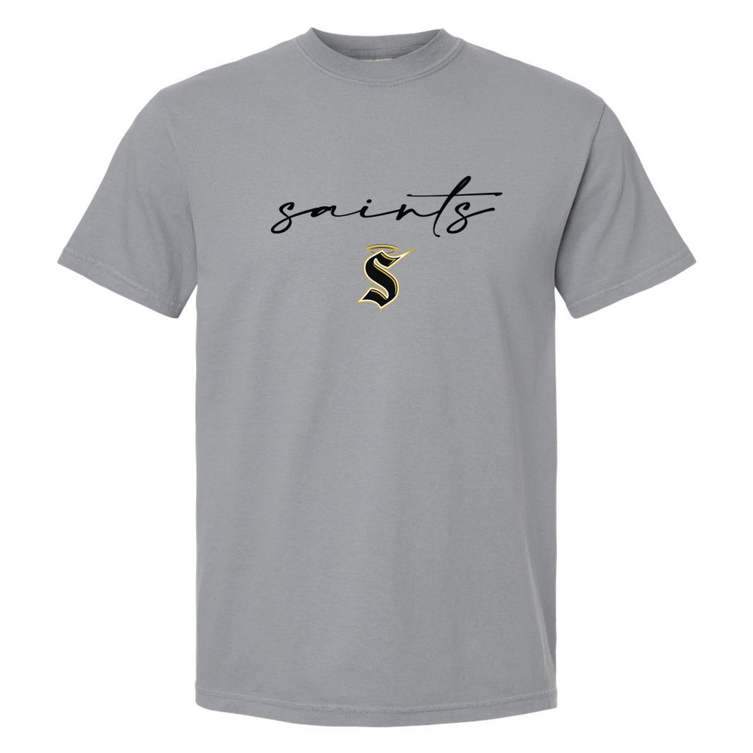 Berks Catholic Saints Saints Script comfort colors t-shirt in Granite: saints in thin flowing script over the halo S