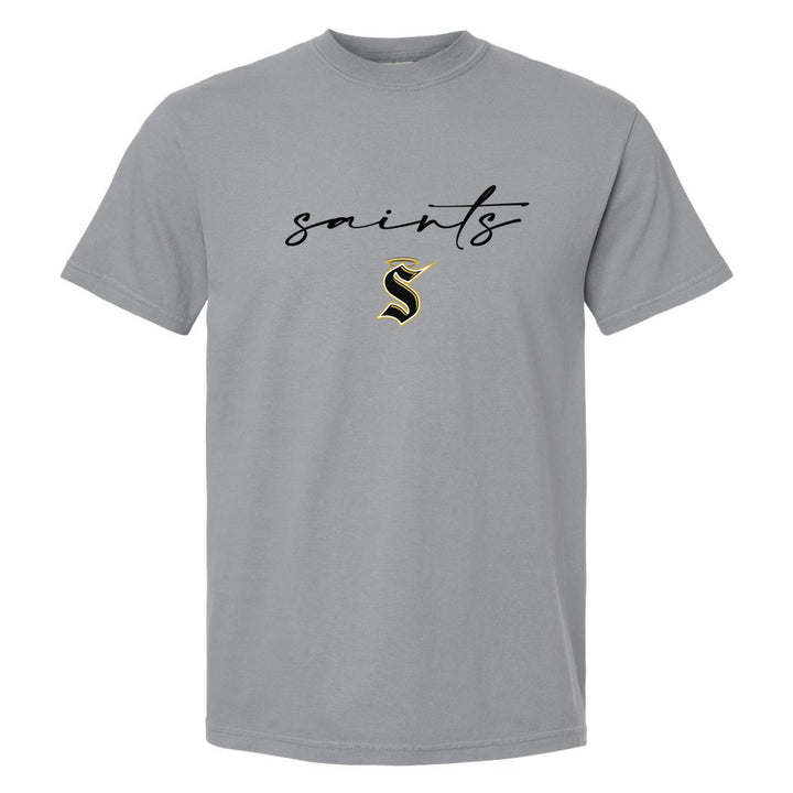 Berks Catholic Saints Saints Script comfort colors t-shirt in Granite: saints in thin flowing script over the halo S