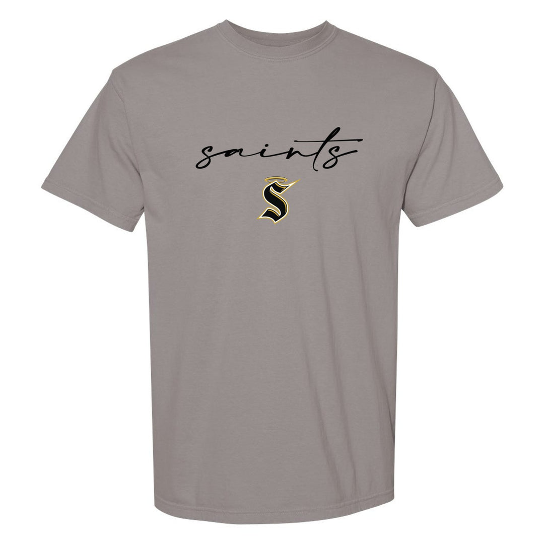 Berks Catholic Saints Saints Script comfort colors t-shirt in Grey: saints in thin flowing script over the halo S