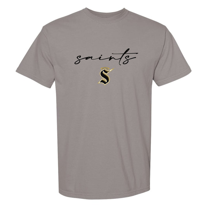 Berks Catholic Saints Saints Script comfort colors t-shirt in Grey: saints in thin flowing script over the halo S