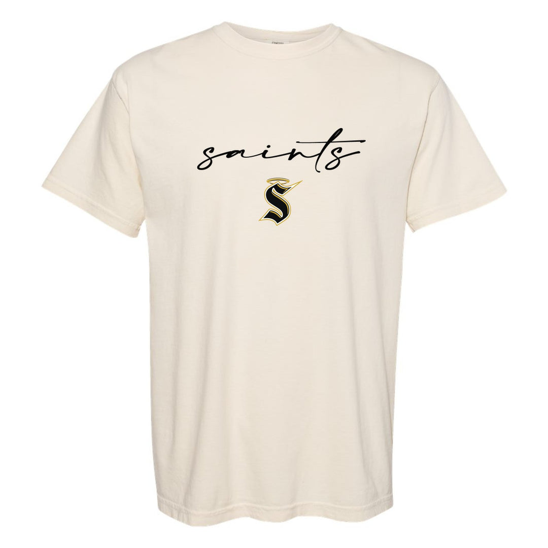 Berks Catholic Saints Saints Script comfort colors t-shirt in Ivory: saints in thin flowing script over the halo S