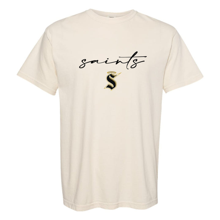 Berks Catholic Saints Saints Script comfort colors t-shirt in Ivory: saints in thin flowing script over the halo S