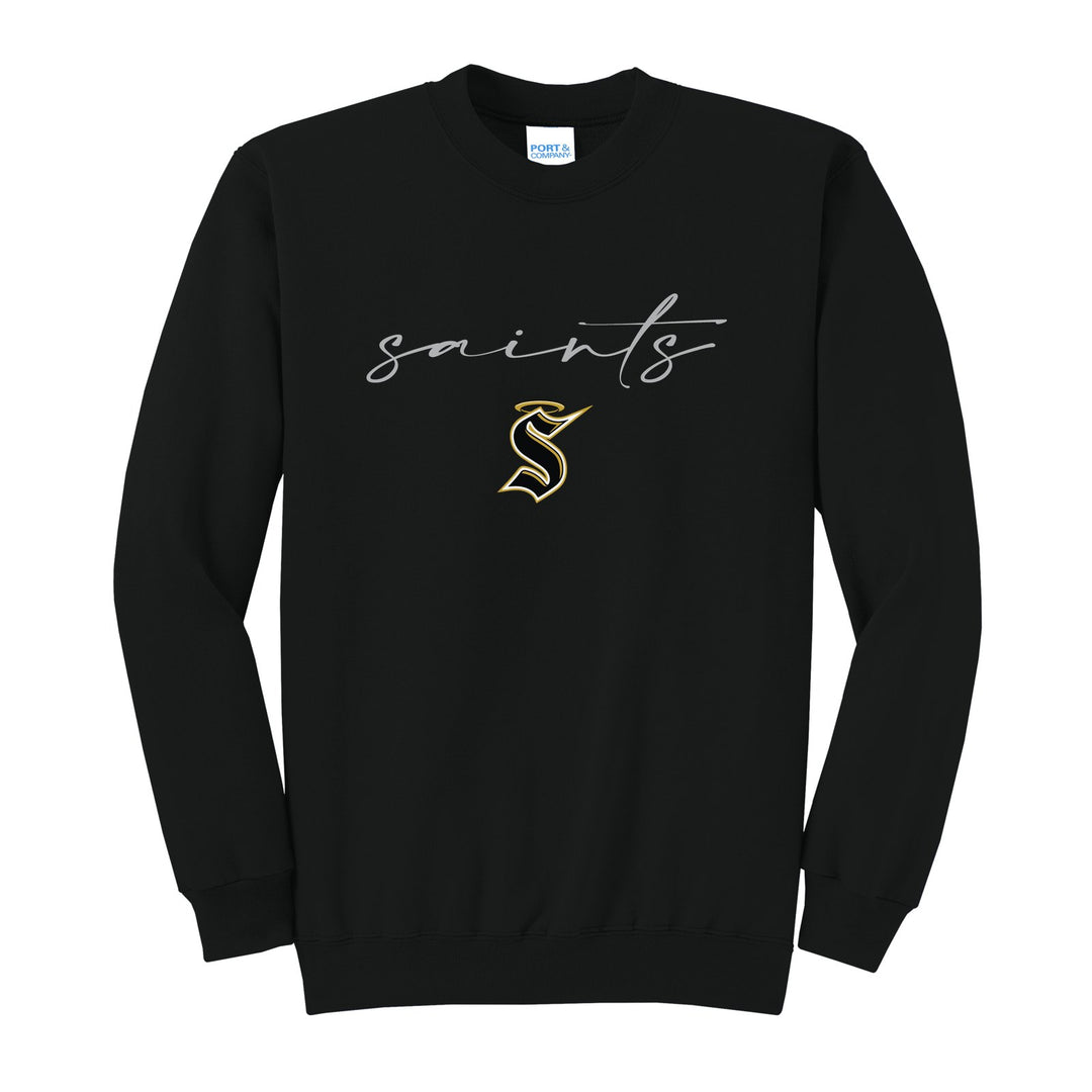 Berks Catholic Saints Saints Script crewneck sweatshirt in Jet Black: saints in thin flowing script over the halo S