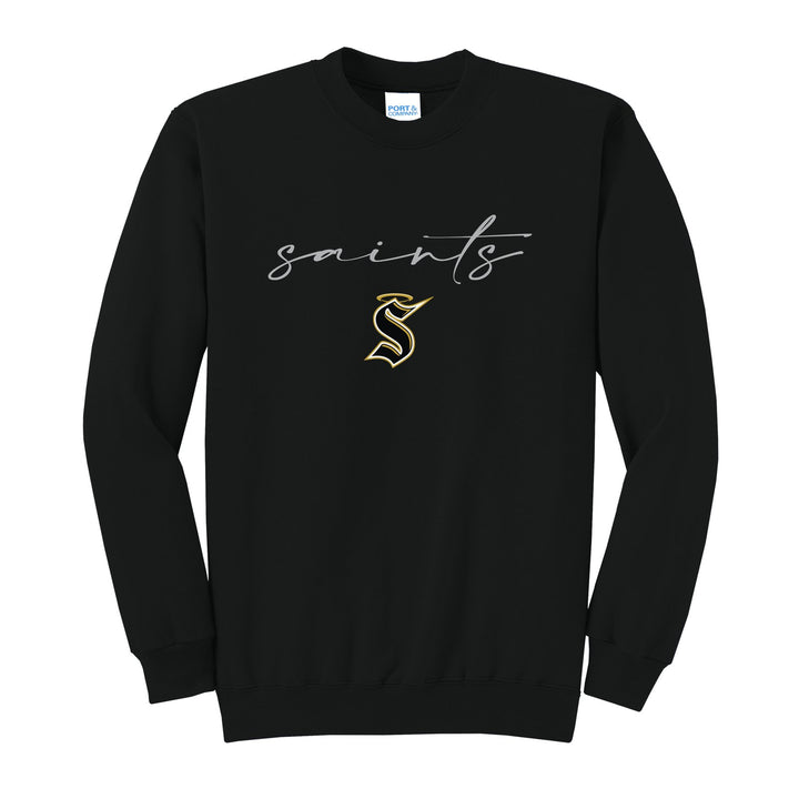 Berks Catholic Saints Saints Script crewneck sweatshirt in Jet Black: saints in thin flowing script over the halo S