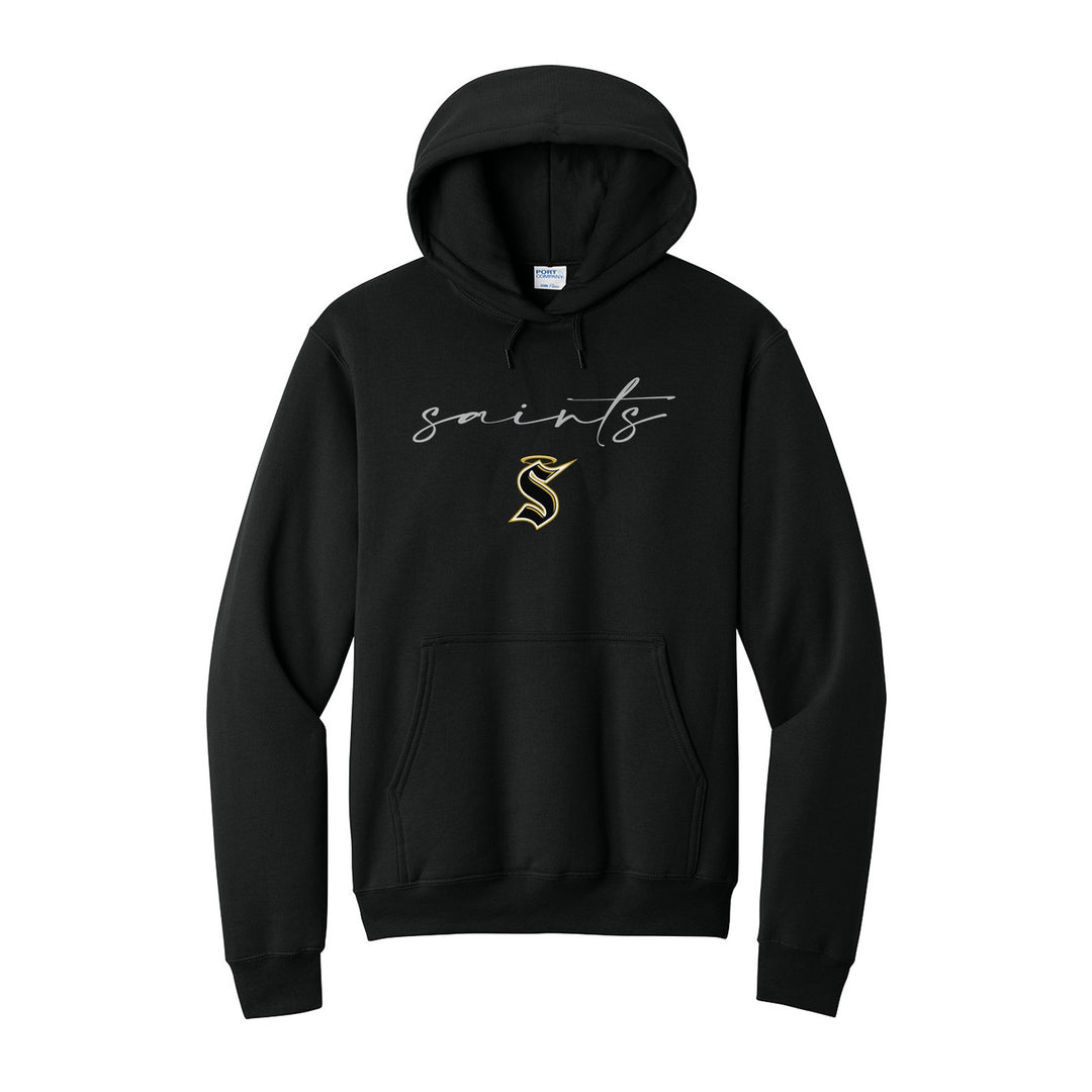 Berks Catholic Saints Saints Script hoodie in Jet Black: saints in thin flowing script over the halo S