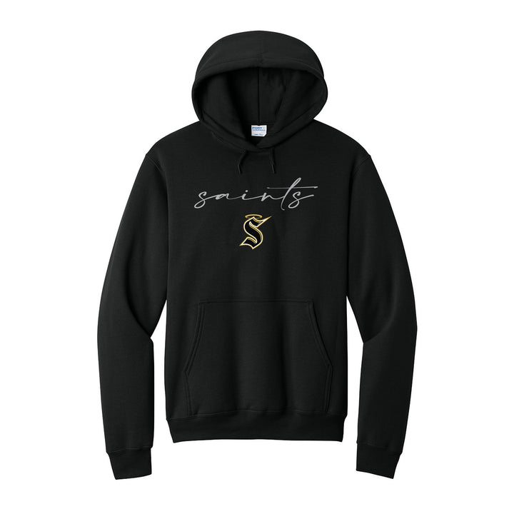 Berks Catholic Saints Saints Script hoodie in Jet Black: saints in thin flowing script over the halo S