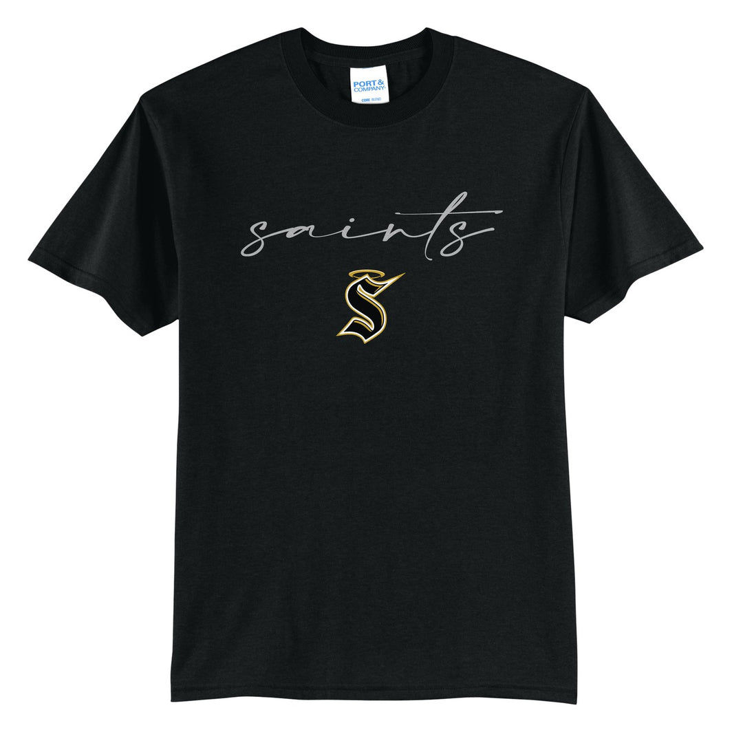 Berks Catholic Saints Saints Script t-shirt in Jet Black: saints in thin flowing script over the halo S