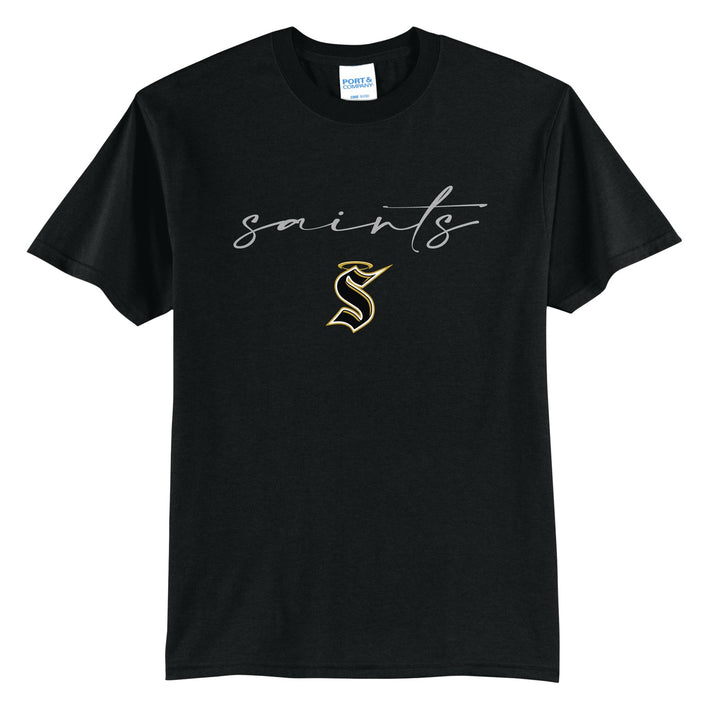 Berks Catholic Saints Saints Script t-shirt in Jet Black: saints in thin flowing script over the halo S