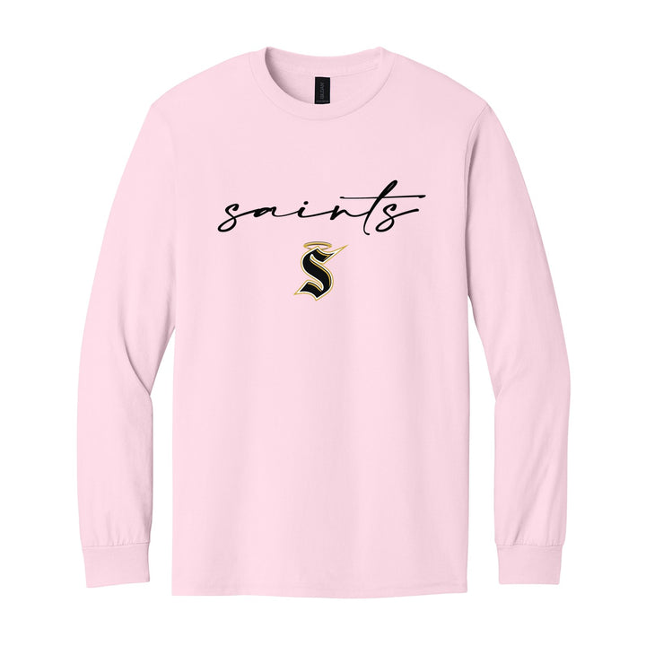 Berks Catholic Saints Saints Script long sleeve t-shirt in Light Pink: saints in thin flowing script over the halo S