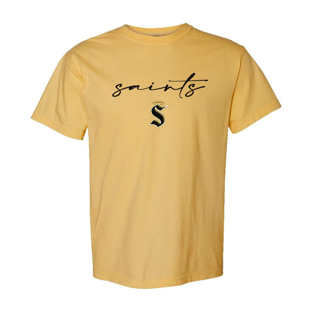 Berks Catholic Saints Saints Script comfort colors t-shirt in Mustard: saints in thin flowing script over the halo S