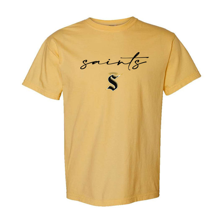 Berks Catholic Saints Saints Script comfort colors t-shirt in Mustard: saints in thin flowing script over the halo S
