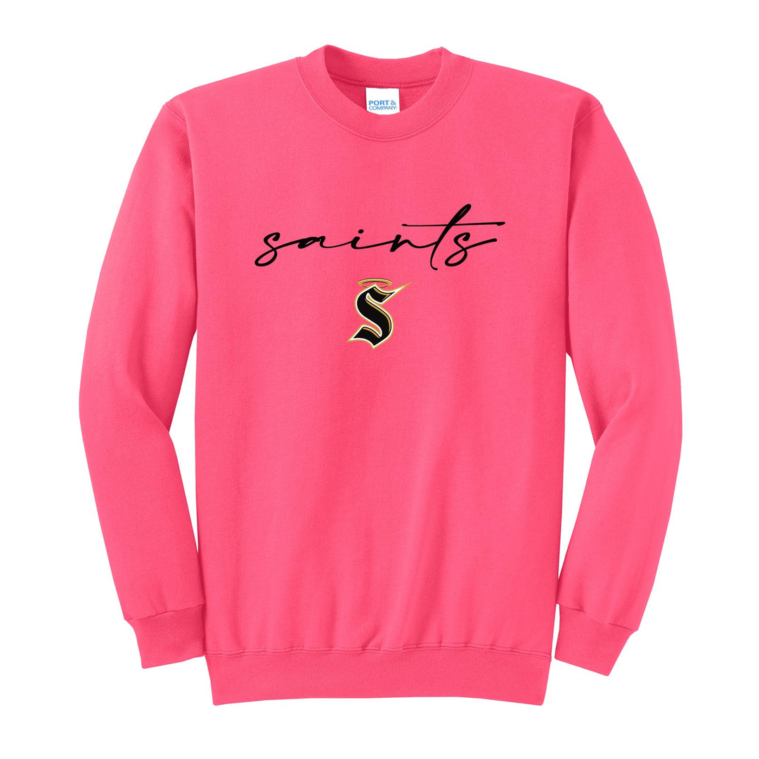 Berks Catholic Saints Saints Script crewneck sweatshirt in Neon Pink: saints in thin flowing script over the halo S