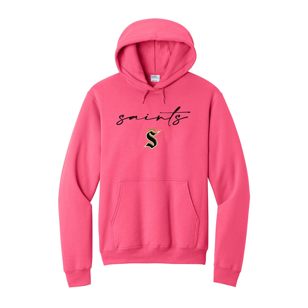 Berks Catholic Saints Saints Script hoodie in Neon Pink: saints in thin flowing script over the halo S