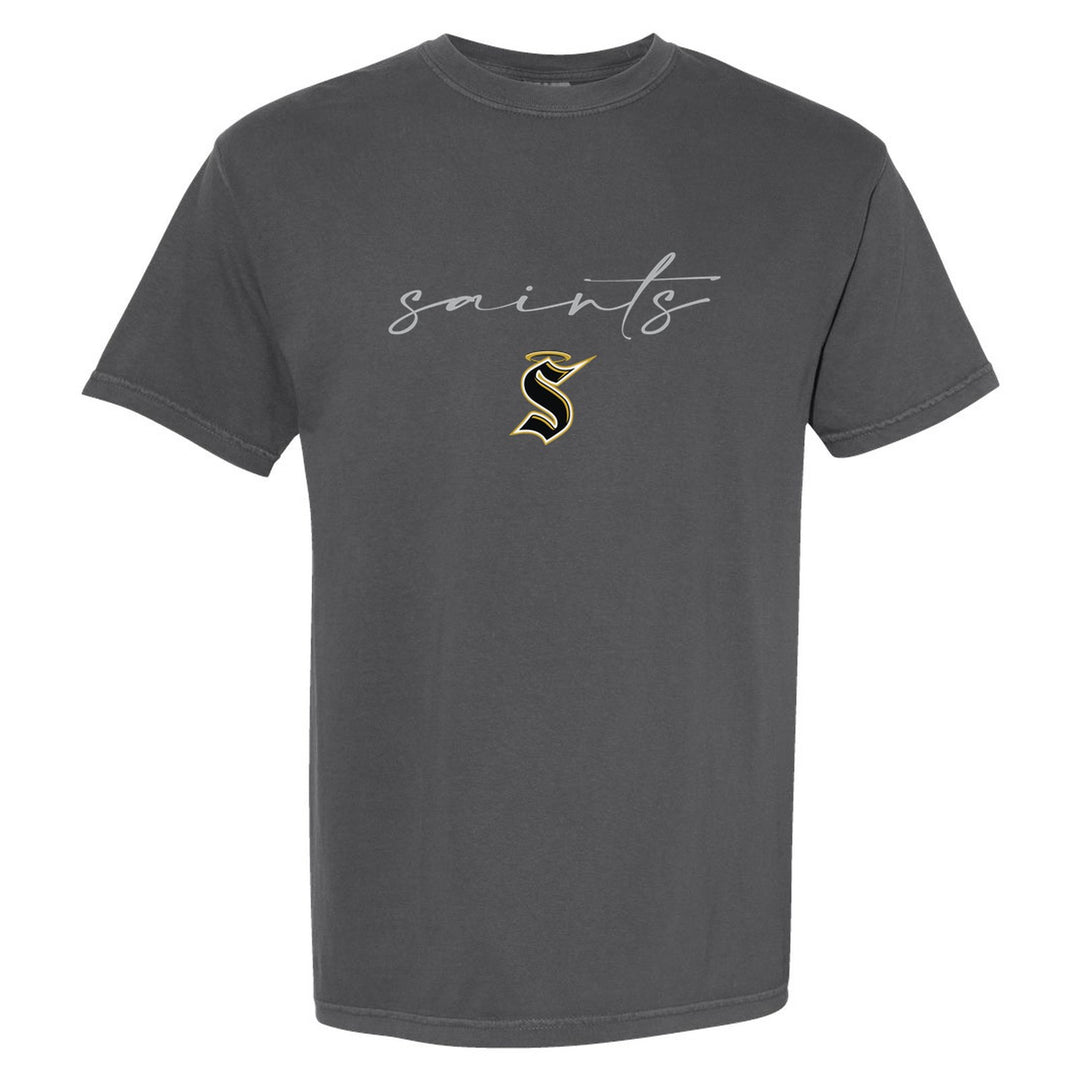 Berks Catholic Saints Saints Script comfort colors t-shirt in Pepper: saints in thin flowing script over the halo S