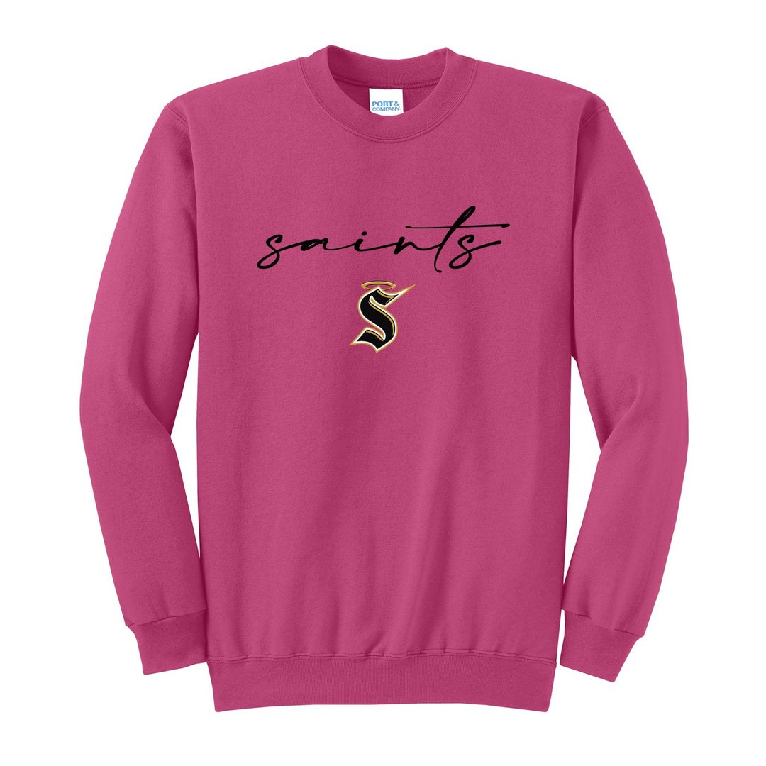 Berks Catholic Saints Saints Script crewneck sweatshirt in Sangria: saints in thin flowing script over the halo S