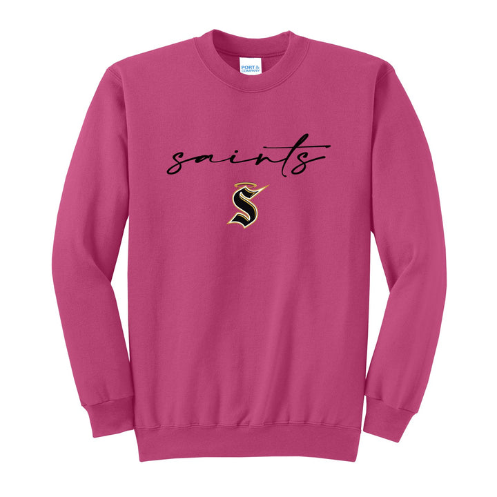 Berks Catholic Saints Saints Script crewneck sweatshirt in Sangria: saints in thin flowing script over the halo S