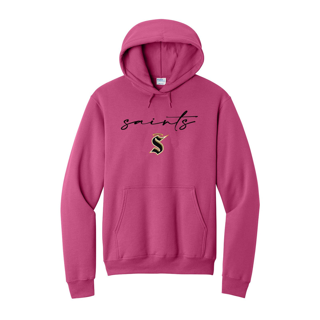 Berks Catholic Saints Saints Script hoodie in Sangria: saints in thin flowing script over the halo S