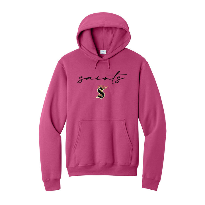 Berks Catholic Saints Saints Script hoodie in Sangria: saints in thin flowing script over the halo S