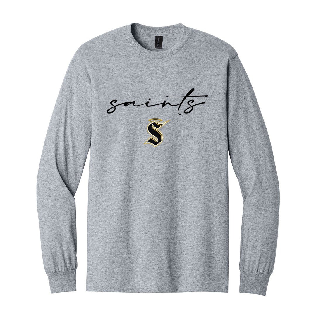 Berks Catholic Saints Saints Script long sleeve t-shirt in Sport Grey: saints in thin flowing script over the halo S