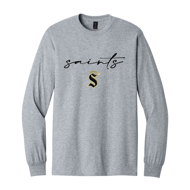 Berks Catholic Saints Saints Script long sleeve t-shirt in Sport Grey: saints in thin flowing script over the halo S