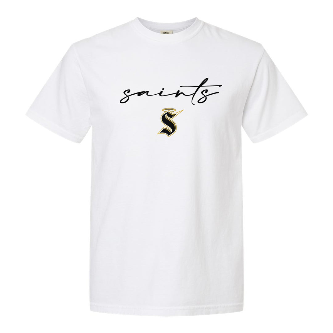 Berks Catholic Saints Saints Script comfort colors t-shirt in White: saints in thin flowing script over the halo S