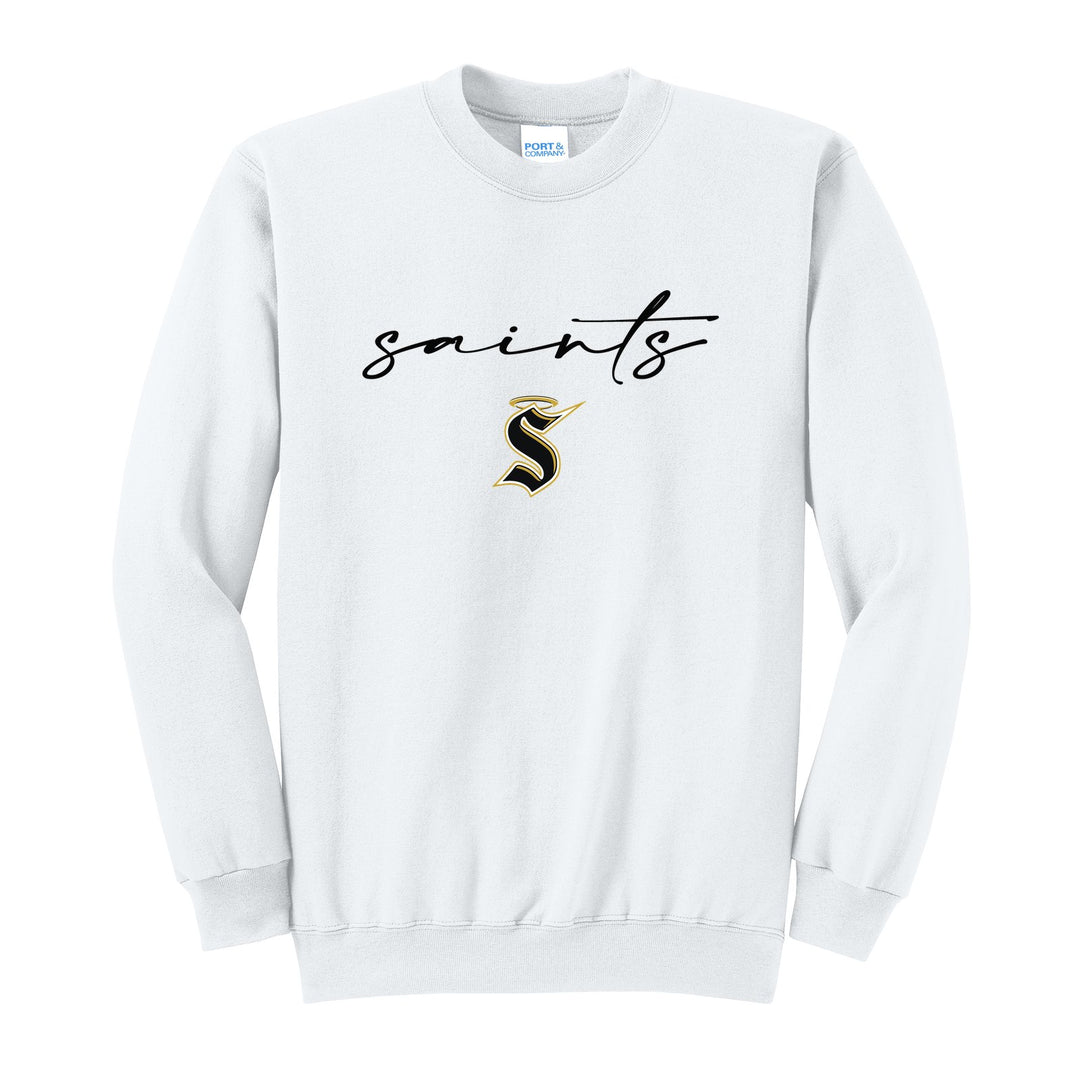 Berks Catholic Saints Saints Script crewneck sweatshirt in White: saints in thin flowing script over the halo S