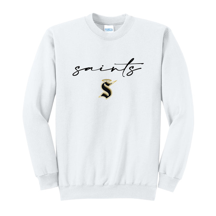 Berks Catholic Saints Saints Script crewneck sweatshirt in White: saints in thin flowing script over the halo S