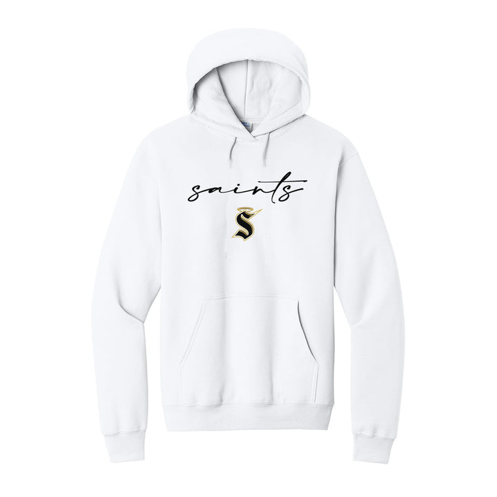 Berks Catholic Saints Saints Script hoodie in White: saints in thin flowing script over the halo S