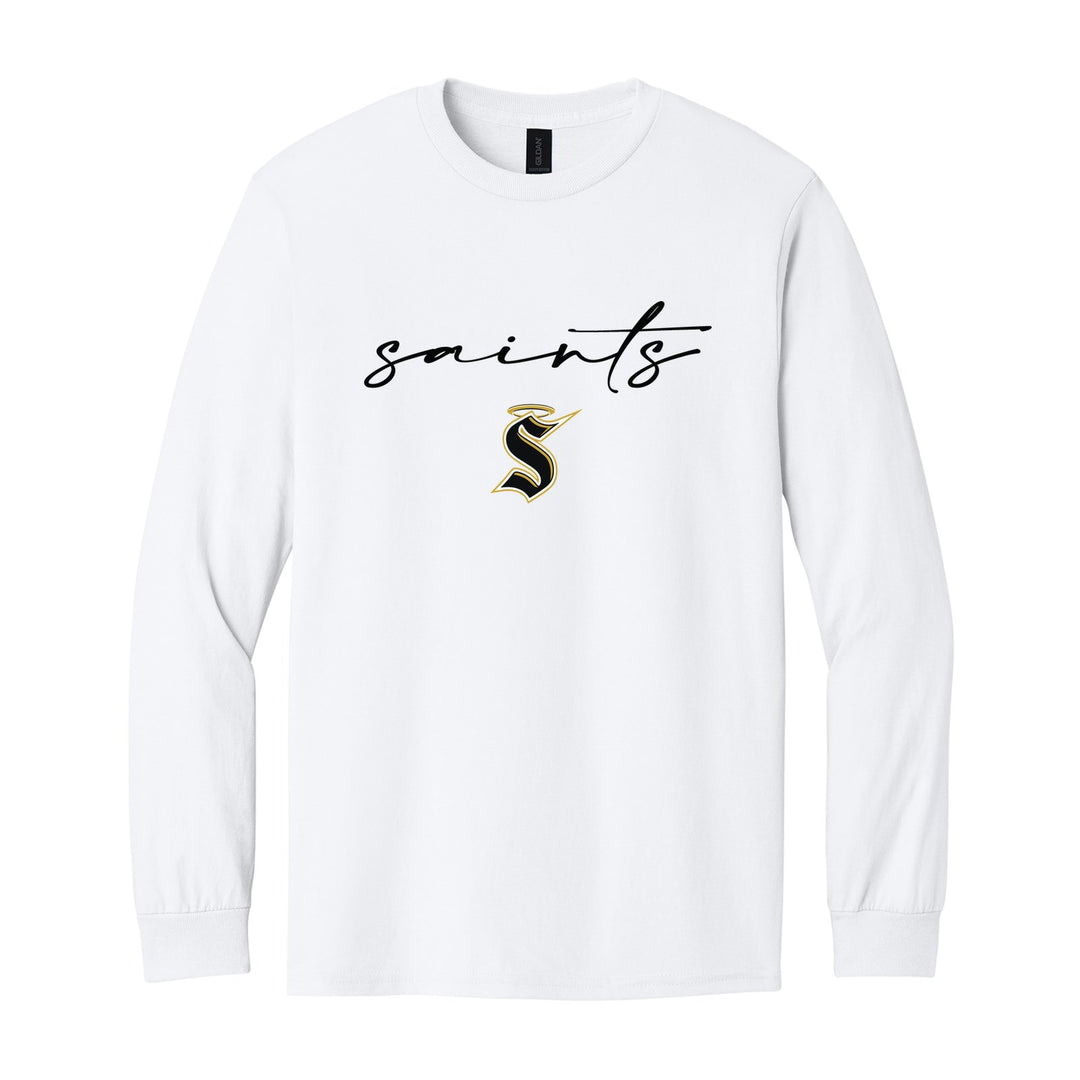 Berks Catholic Saints Saints Script long sleeve t-shirt in White: saints in thin flowing script over the halo S