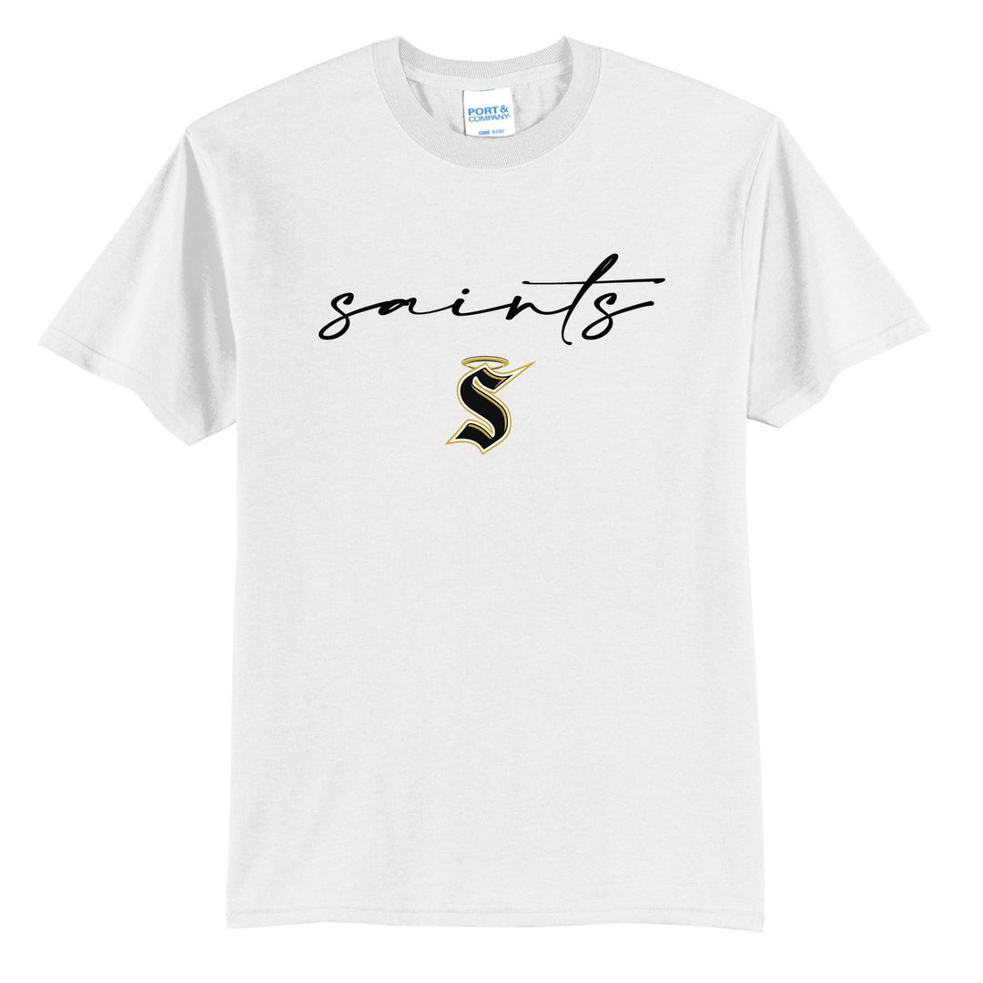Berks Catholic Saints Saints Script t-shirt in White: saints in thin flowing script over the halo S
