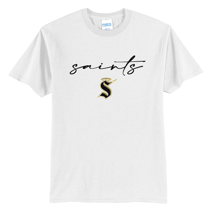Berks Catholic Saints Saints Script t-shirt in White: saints in thin flowing script over the halo S