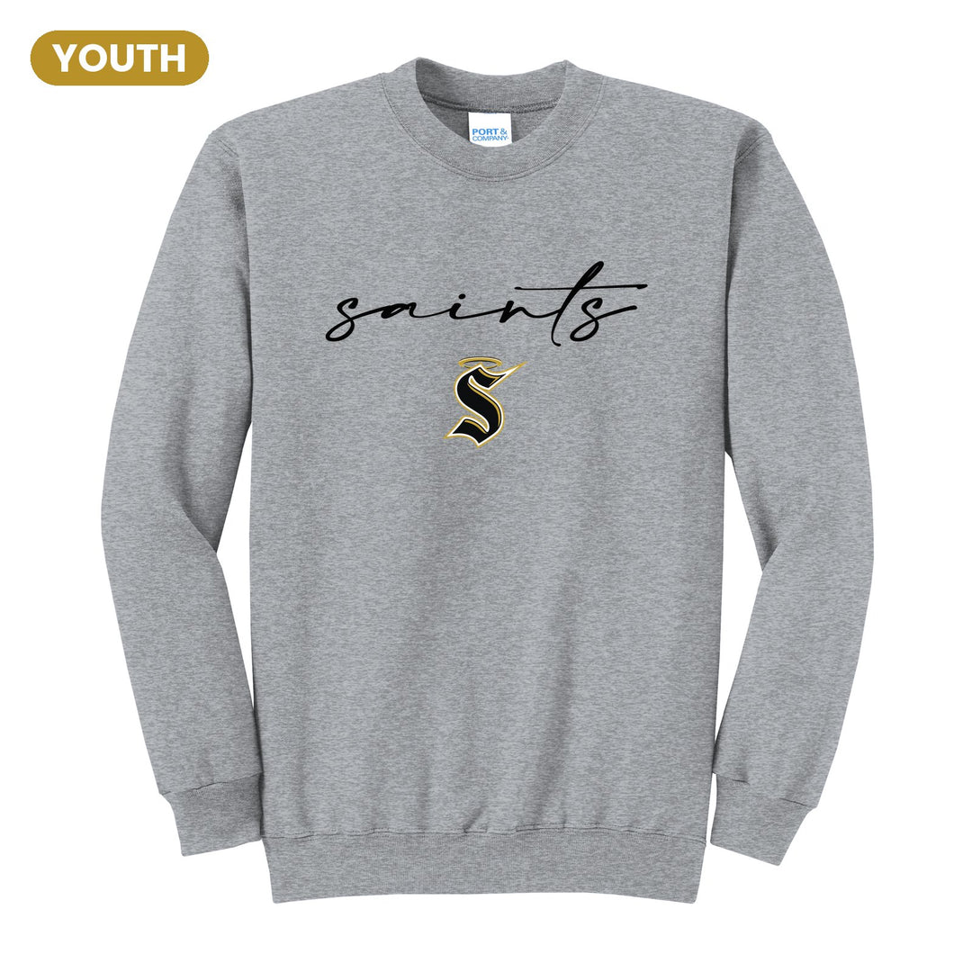 Berks Catholic Saints Saints Script youth crewneck sweatshirt in Athletic Heather: saints in thin flowing script over the halo S
