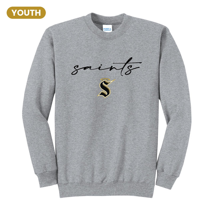 Berks Catholic Saints Saints Script youth crewneck sweatshirt in Athletic Heather: saints in thin flowing script over the halo S