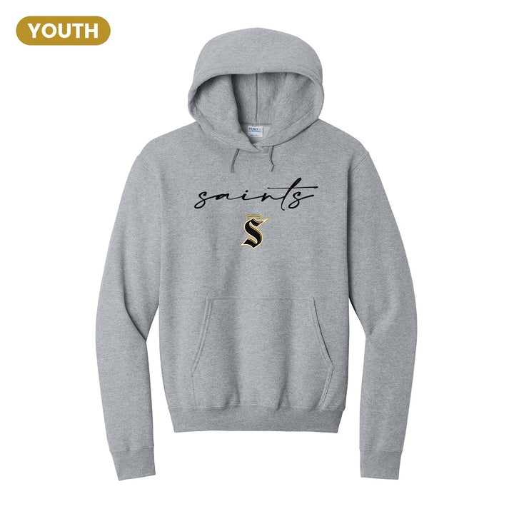 Berks Catholic Saints Saints Script youth hoodie in Athletic Heather: saints in thin flowing script over the halo S