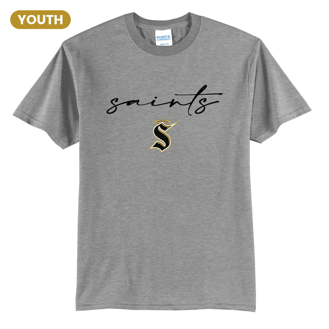 Berks Catholic Saints Saints Script youth t-shirt in Athletic Heather: saints in thin flowing script over the halo S