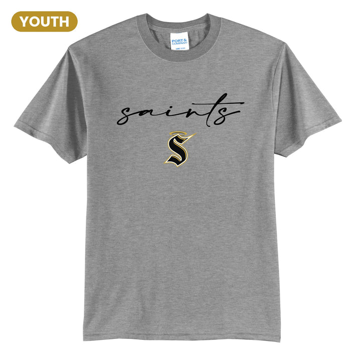 Berks Catholic Saints Saints Script youth t-shirt in Athletic Heather: saints in thin flowing script over the halo S