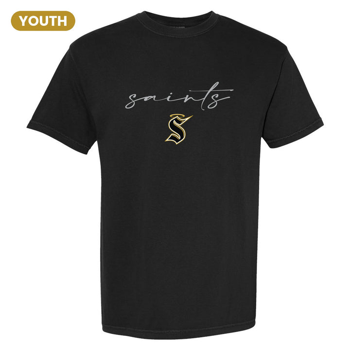 Berks Catholic Saints Saints Script youth comfort colors t-shirt in Black: saints in thin flowing script over the halo S