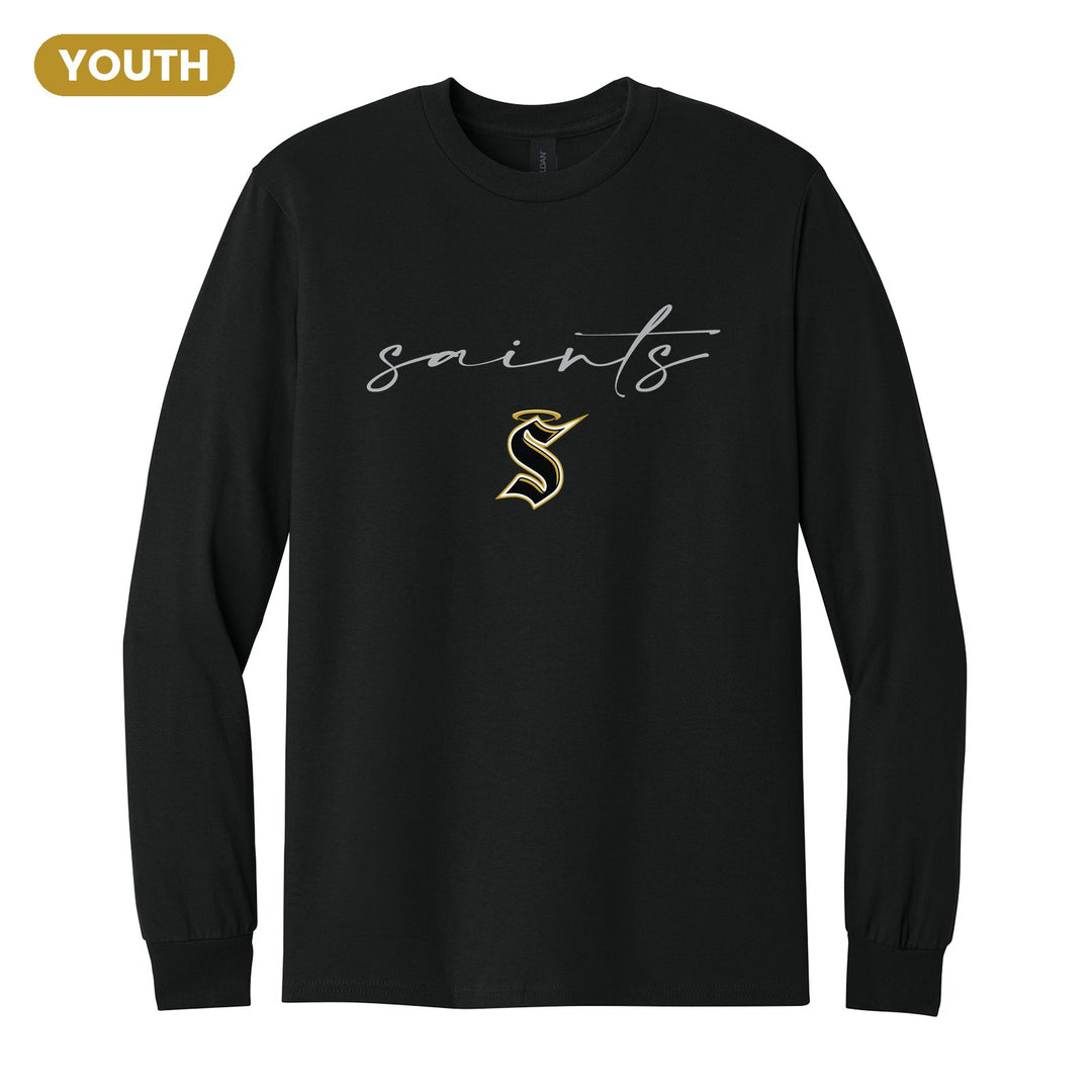 Berks Catholic Saints Saints Script youth long sleeve t-shirt in Black: saints in thin flowing script over the halo S