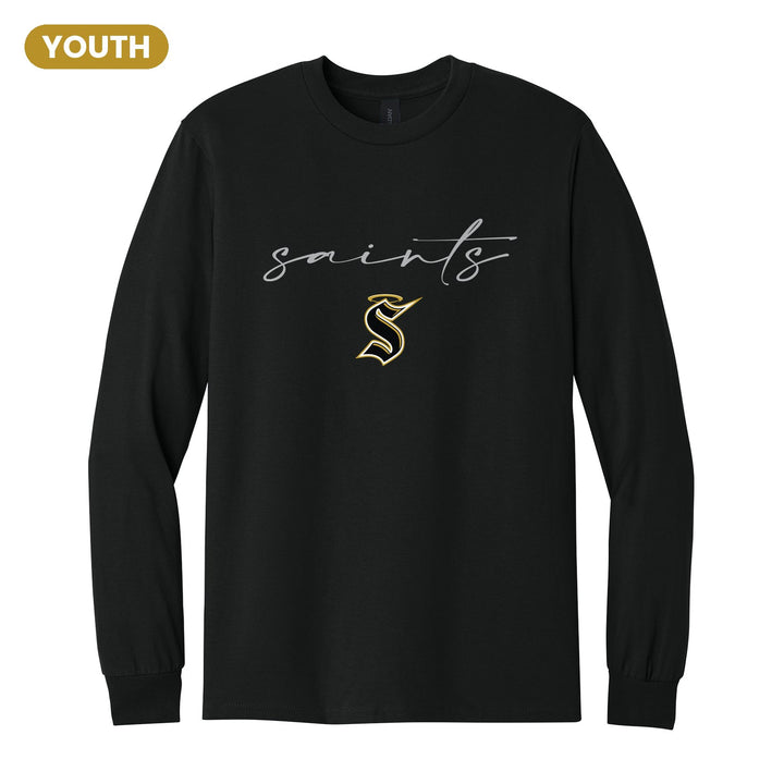 Berks Catholic Saints Saints Script youth long sleeve t-shirt in Black: saints in thin flowing script over the halo S