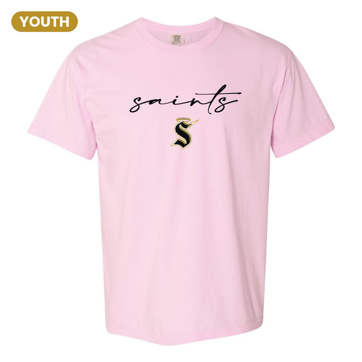 Berks Catholic Saints Saints Script youth comfort colors t-shirt in Blossom: saints in thin flowing script over the halo S