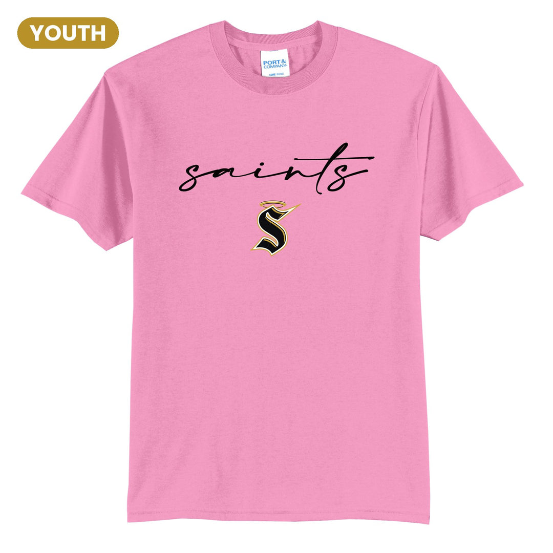 Berks Catholic Saints Saints Script youth t-shirt in Candy Pink: saints in thin flowing script over the halo S